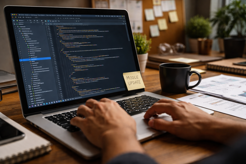 Developer workspace with laptop showing PHP code for open source Moodle plugins, hands typing on a keyboard beside a coffee mug and desk notes, illustrating professional Moodle plugin development and maintenance.