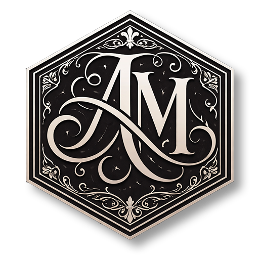 Hexagonal seal icon with an ornate AM monogram in platinum on a dark background