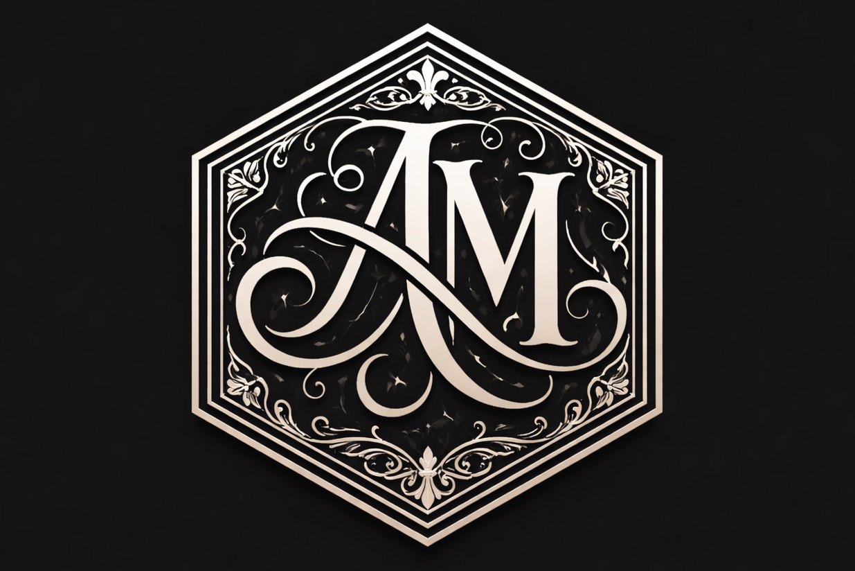 Hexagonal seal icon with an ornate AM monogram in platinum on a dark background