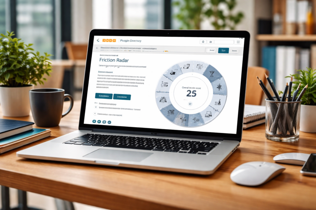 Laptop on a wooden desk displaying the Friction Radar plugin page in the Moodle Plugin Directory, with a circular learning friction overview visible on the screen, surrounded by everyday office items such as a coffee mug, notebooks, and a potted plant.