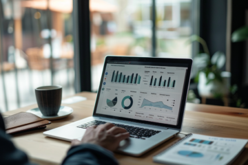 Researcher analyzing course data on a laptop dashboard, illustrating the use of learning analytics tools to understand online course performance.